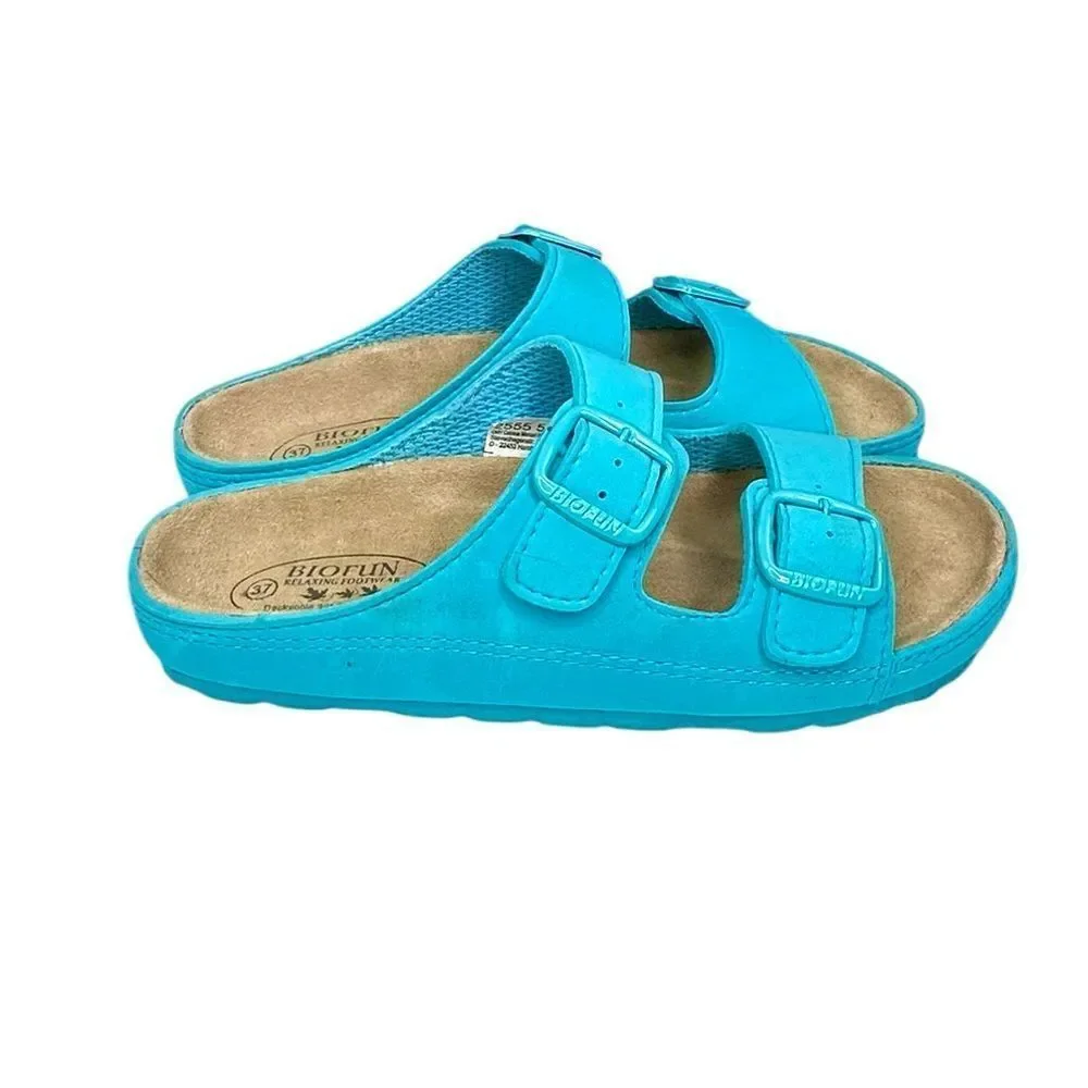 New Biofun Relaxing Footwear 2 Strap Turquoise Leather Sandals Women’s Size 6.5